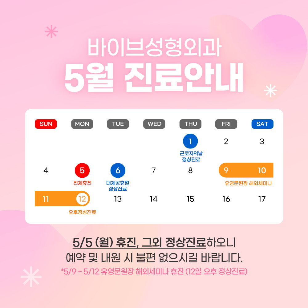 바이브 성형외과 5월 진료 일정