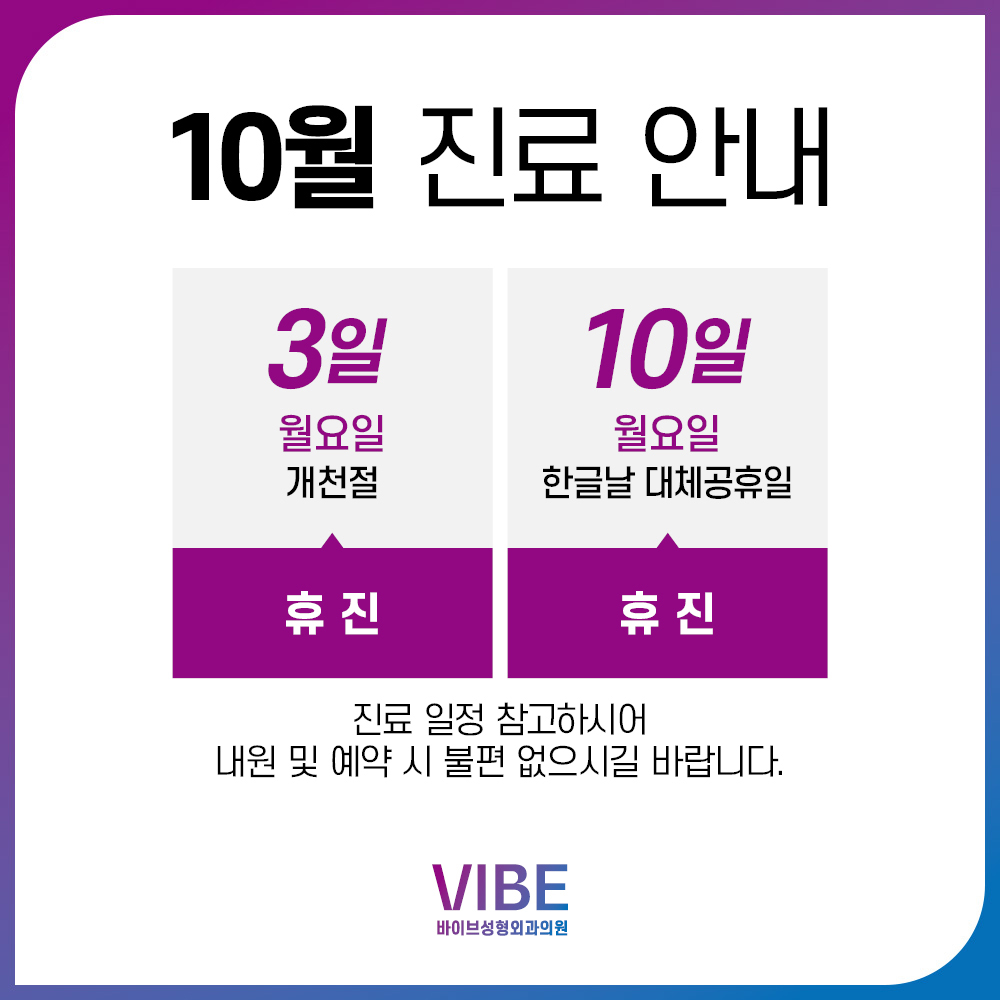 바이브 성형외과 10월 진료 일정